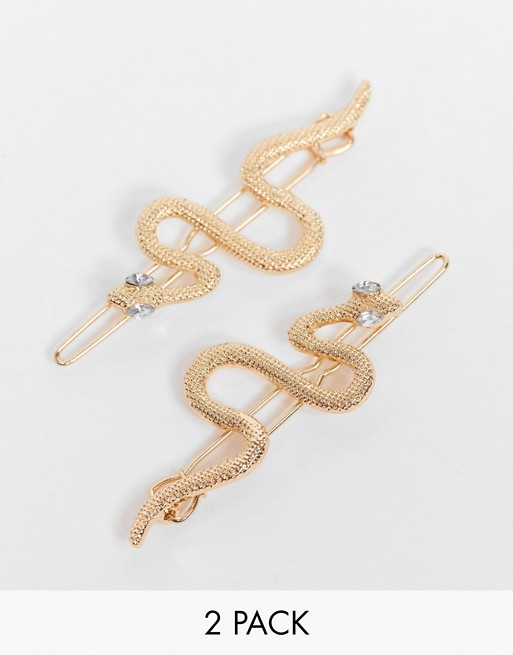ASOS DESIGN pack of 2 hair clips in snake design in gold tone