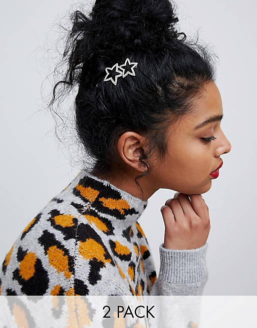 ASOS DESIGN pack of 2 hair clips in star and moon design in crystal
