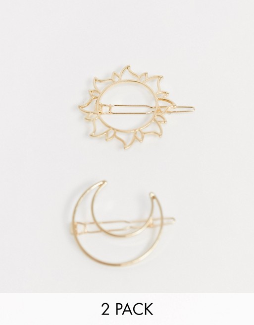 ASOS DESIGN pack of 2 hair clips in sun and moon design in gold tone