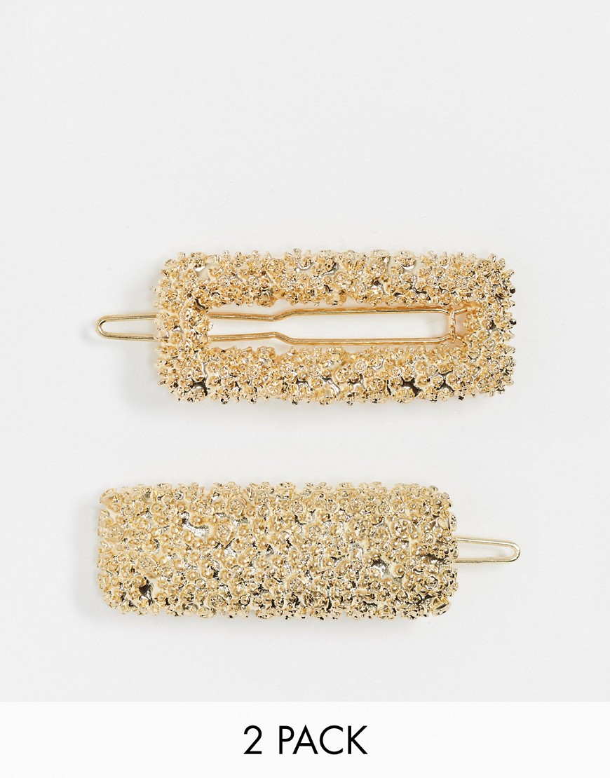 ASOS DESIGN pack of 2 hair clips in texture bar design in gold tone