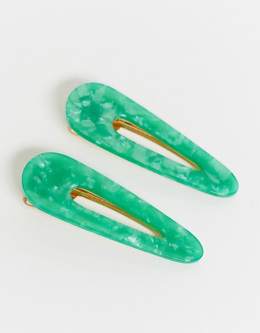 ASOS DESIGN pack of 2 hair clips snap shape in green stone
