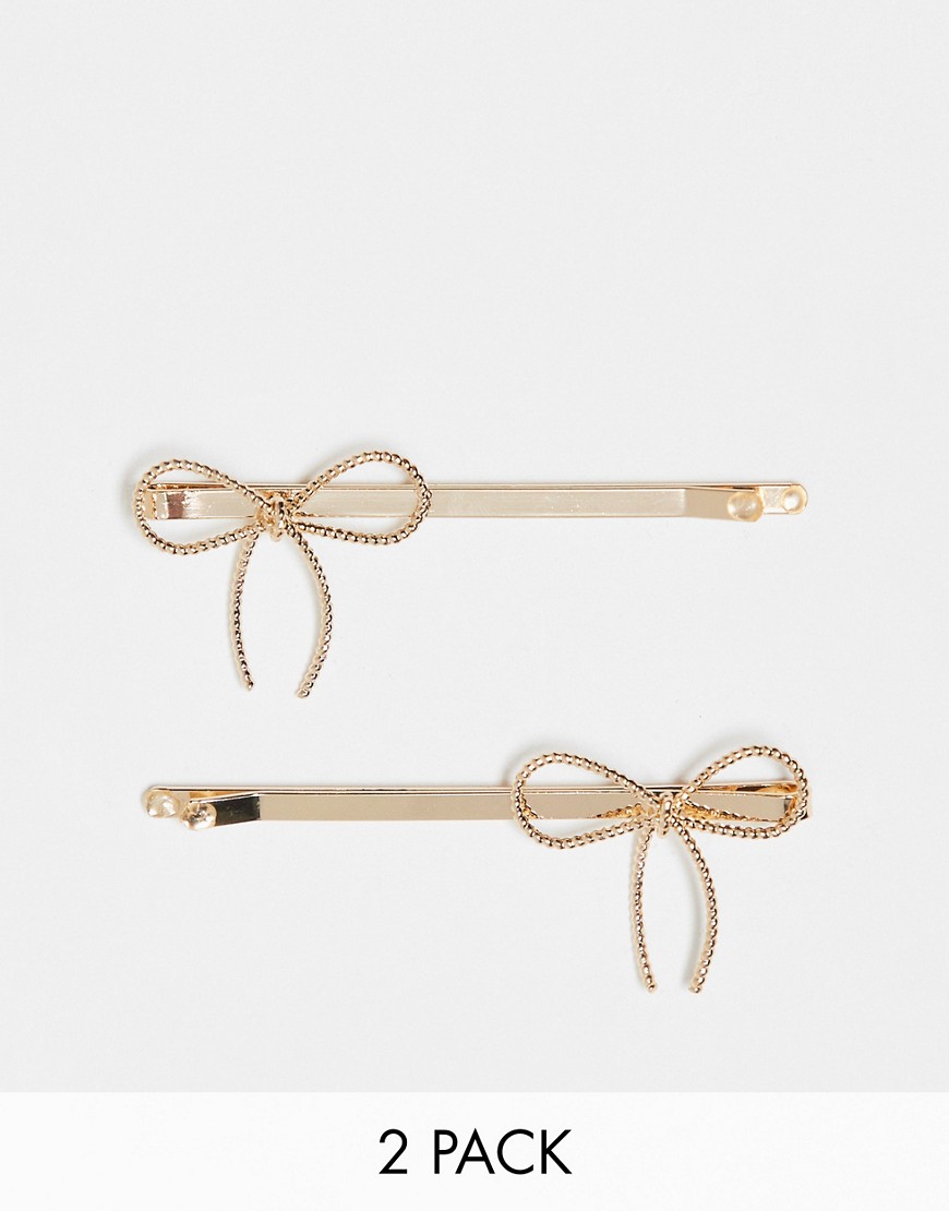 ASOS DESIGN pack of 2 hair clips with bow design in gold tone