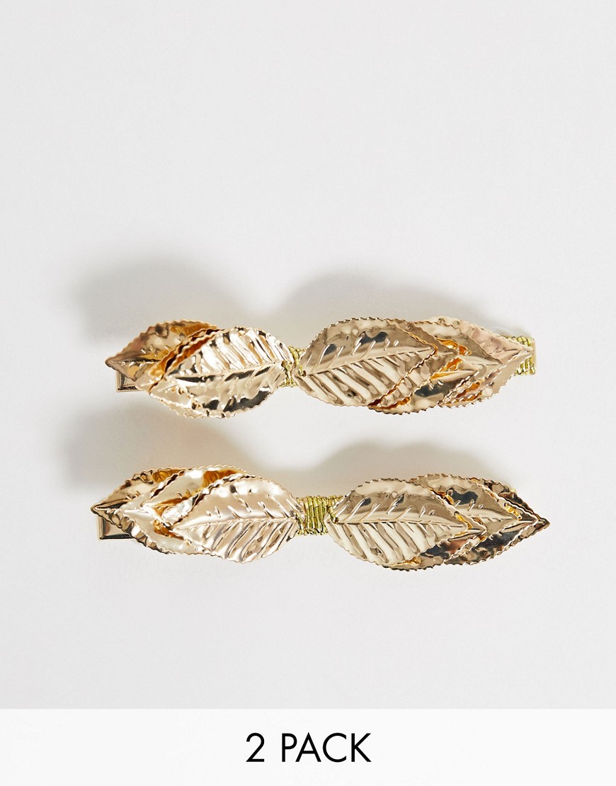 ASOS DESIGN pack of 2 hair clips with leaf detail in gold tone