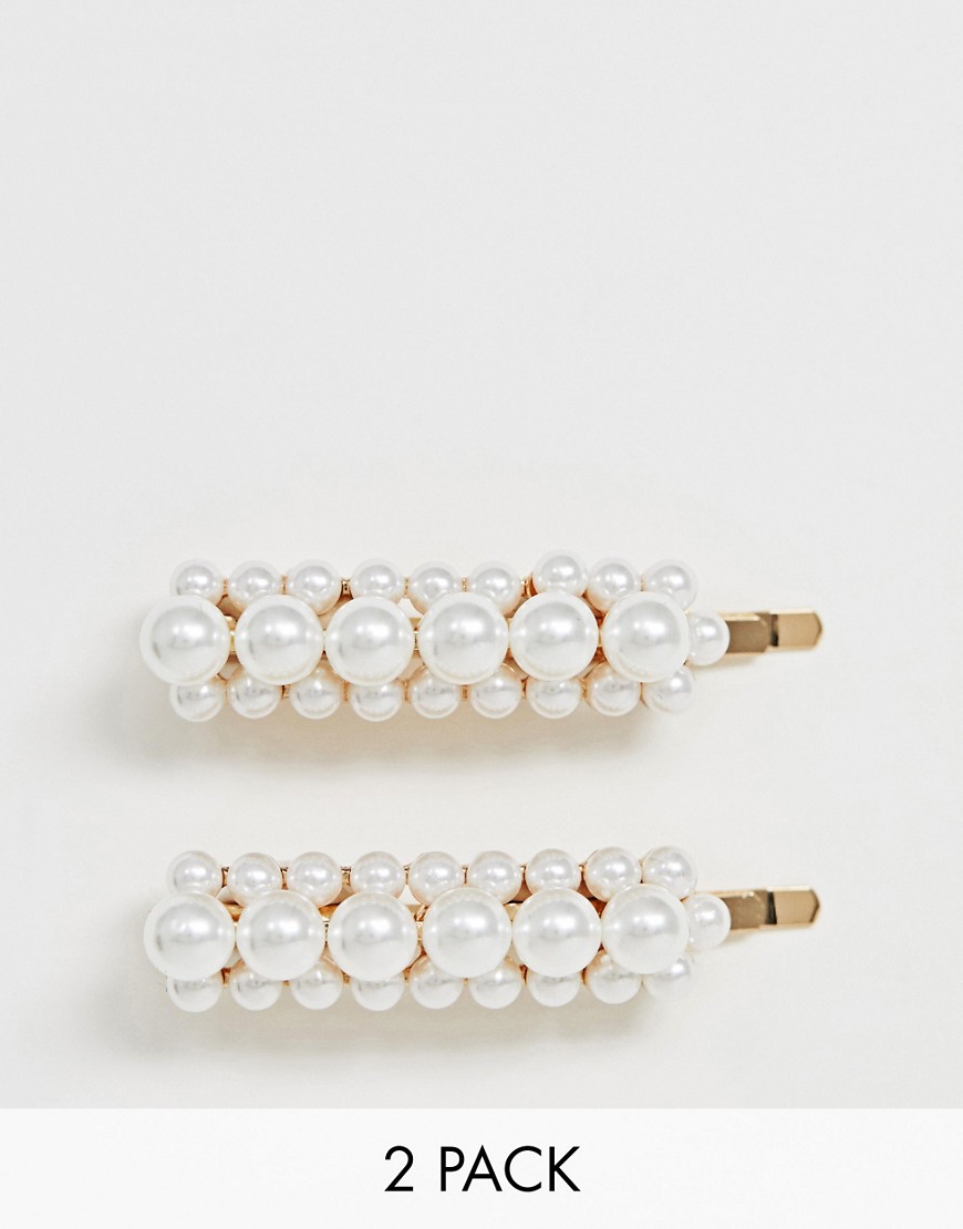 ASOS DESIGN pack of 2 hair clips with oversized pearls-White