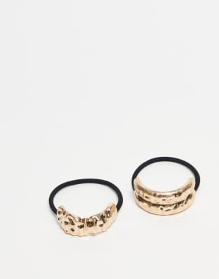 pack of 2 hair elastics with hammered design cuffs in worn gold tone