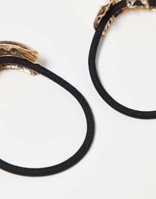 Asos Design Pack Of 2 Hair Elastics With Hammered Design Cuffs In Gold