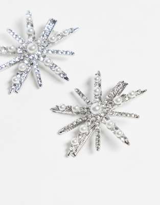 Asos Design Pack Of 2 Hair Slide Clips With Sparkly Crystal And Faux Pearl Star Design-silver In Silver
