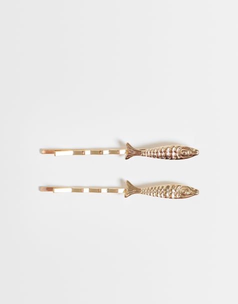 ASOS DESIGN pack of 2 hair slides with fish design in gold tone - view 1