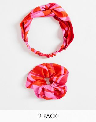ASOS DESIGN pack of 2 headband and scrunchie in pink swirl print