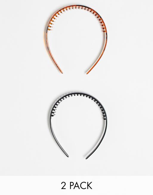 ASOS DESIGN pack of 2 headbands with fine comb detail in black and tort