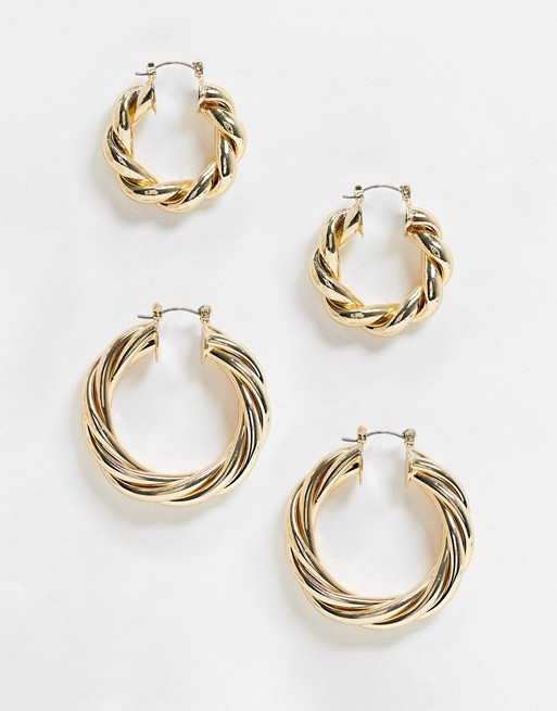 ASOS DESIGN pack of 2 hoop earrings in 30mm 40mm twist designs in gold tone