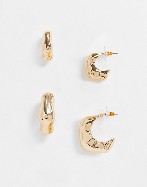 ASOS DESIGN pack of 2 hoop earrings in abstract chunky design in gold tone