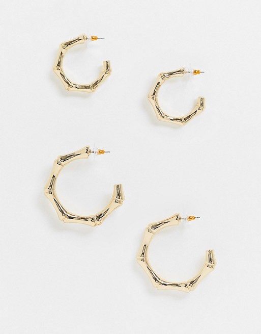 ASOS DESIGN pack of 2 hoop earrings in bamboo design in gold tone