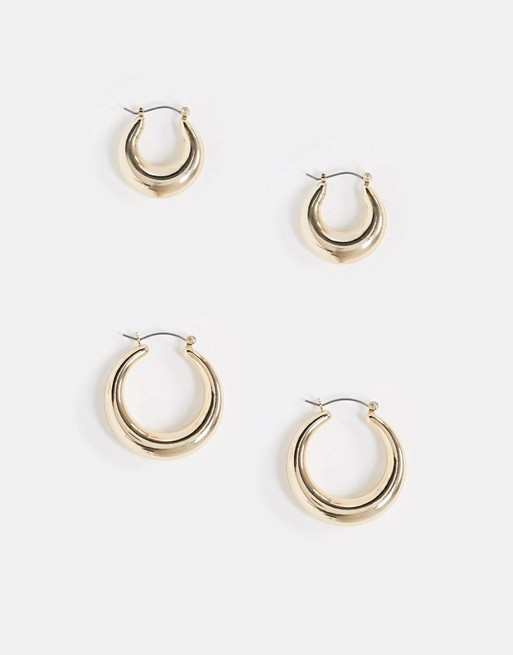 ASOS DESIGN pack of 2 hoop earrings in chunky round shape in gold tone