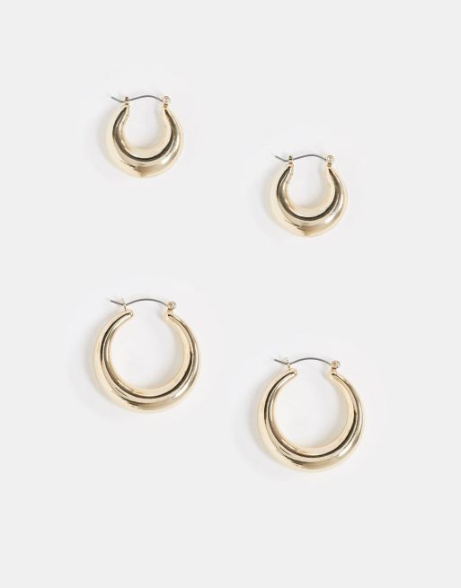 Asos Design Pack Of 2 Hoop Earrings In Chunky Round Shape In Gold