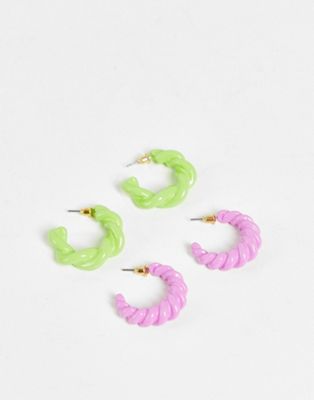 ASOS DESIGN pack of 2 hoop earrings in green and purple colour twist design