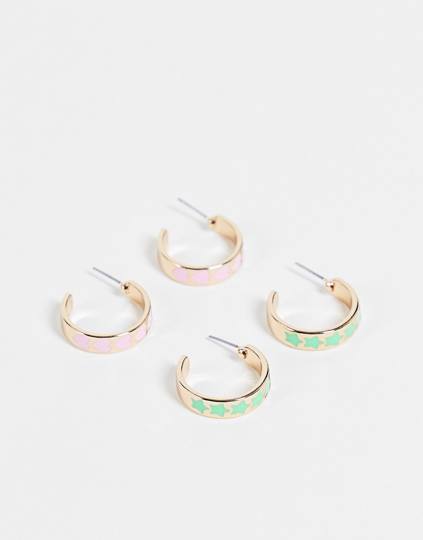 ASOS DESIGN pack of 2 hoop earrings in heart and star designs in gold tone