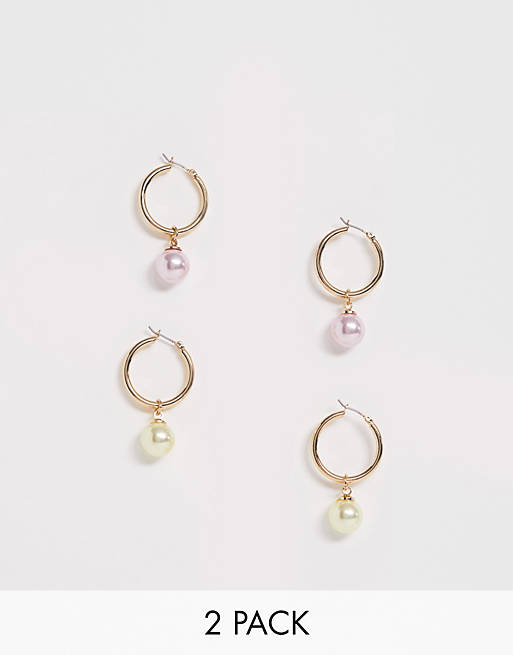 ASOS DESIGN pack of 2 hoop earrings with colour pearl drop in gold tone ...