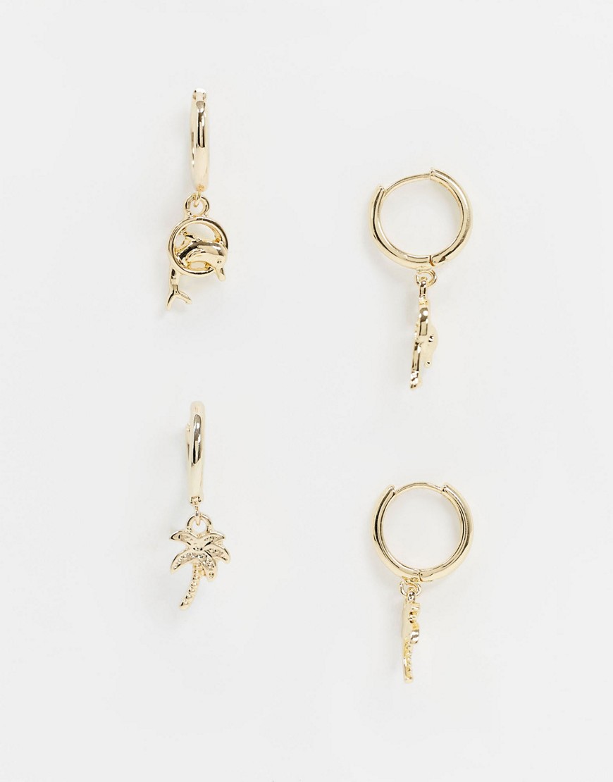 ASOS DESIGN pack of 2 hoop earrings with dolphin and palm tree charms in gold tone