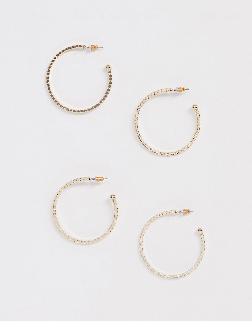 ASOS DESIGN pack of 2 hoop earrings with engraved rope detail in gold tone