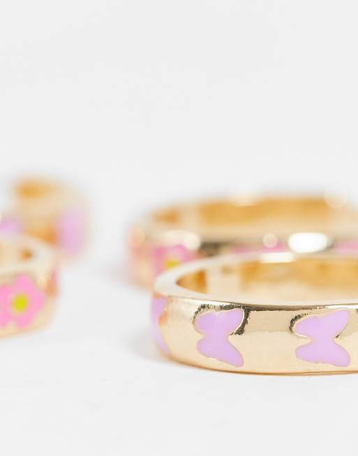 ASOS DESIGN pack of 2 hoop earrings with flower designs in gold tone, 3 of 4