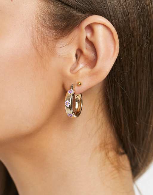 Asos Design Pack Of 2 Hoop Earrings With Flower Designs In Gold Tone Asos