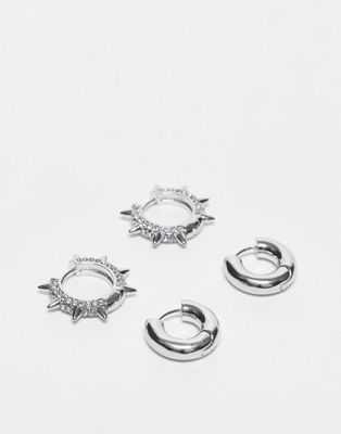 ASOS DESIGN pack of 2 hoop earrings with grunge crystal design in silver tone