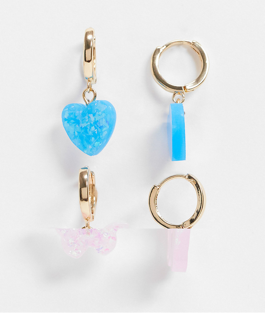 ASOS DESIGN pack of 2 hoop earrings with heart and butterfly opal charms in gold tone