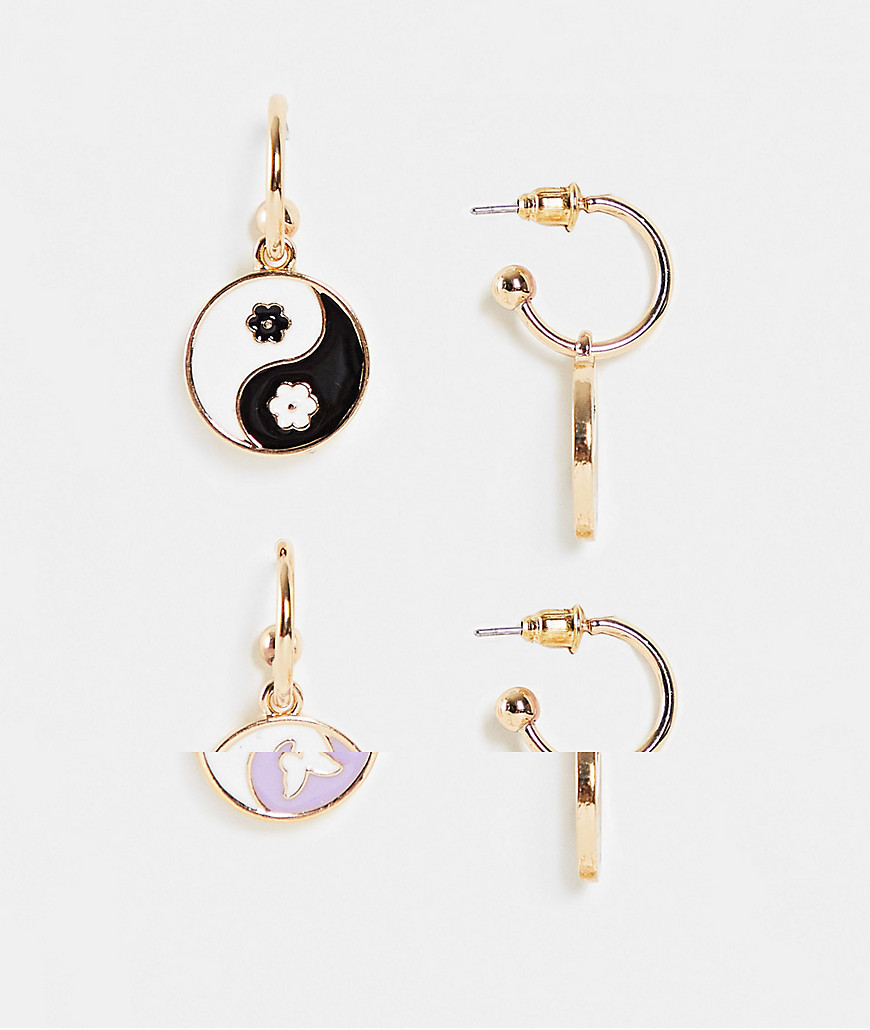 ASOS DESIGN pack of 2 hoop earrings with kitsch yin yang charms in gold tone