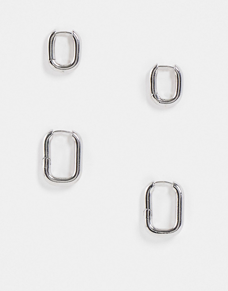 ASOS DESIGN pack of 2 hoop earrings with oval hinge in silver tone