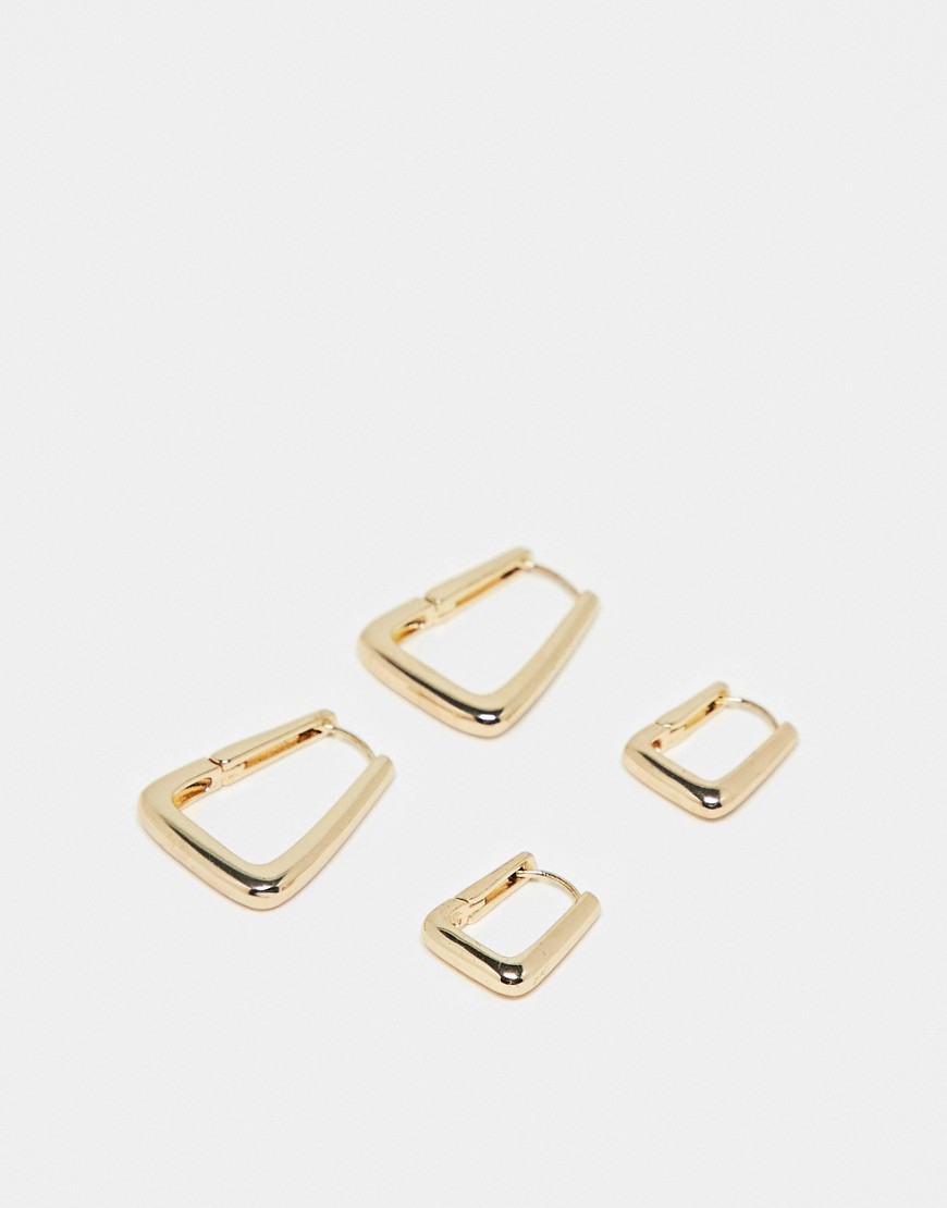 ASOS DESIGN pack of 2 hoop earrings with triangle hinge hoop design in gold tone
