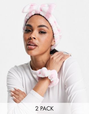 ASOS DESIGN pack of 2 make up head band and scrunchie in pink stripe