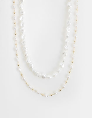 Asos Design Pack Of 2 Mini Freshwater Faux Pearl Necklace-white In Gray