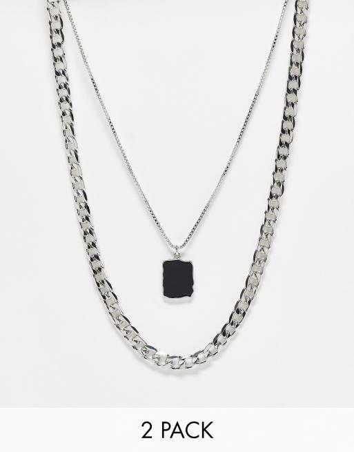 ASOS DESIGN pack of 2 necklace with black pendant in silver tone