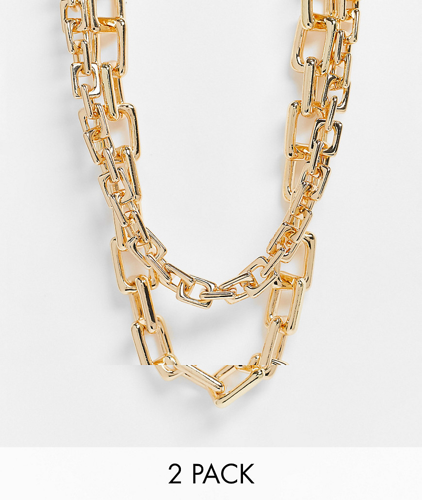 ASOS DESIGN pack of 2 necklaces in square link chain in gold tone