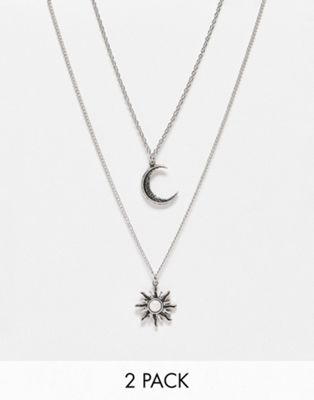 ASOS DESIGN pack of 2 necklaces with celestial pendants in silver tone