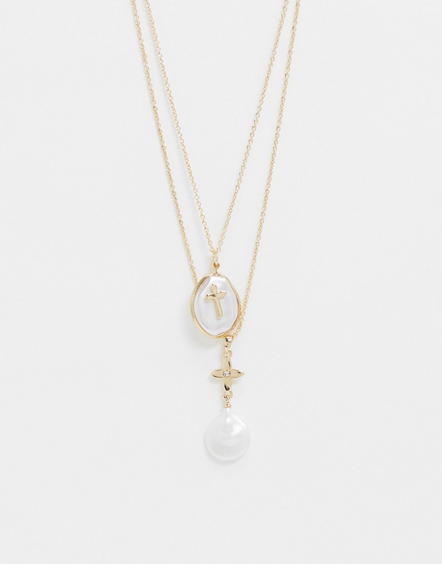 ASOS DESIGN pack of 2 necklaces with cross and faux freshwater pearl pendants in gold tone