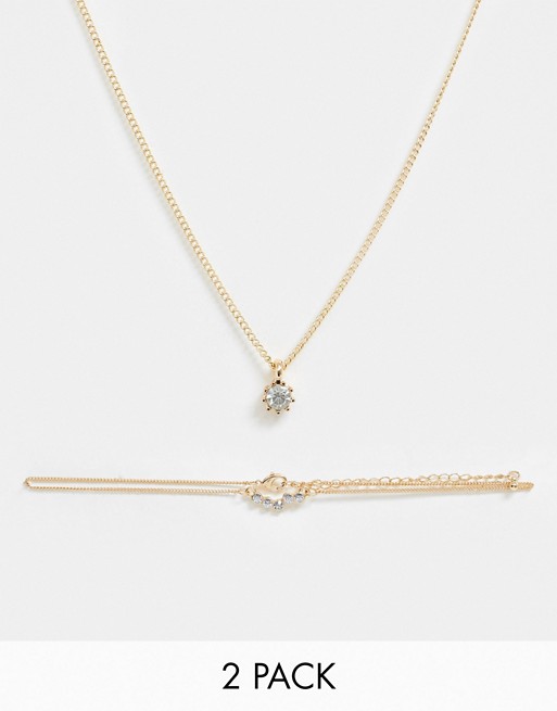 ASOS DESIGN pack of 2 necklaces with crystal bar choker in gold tone