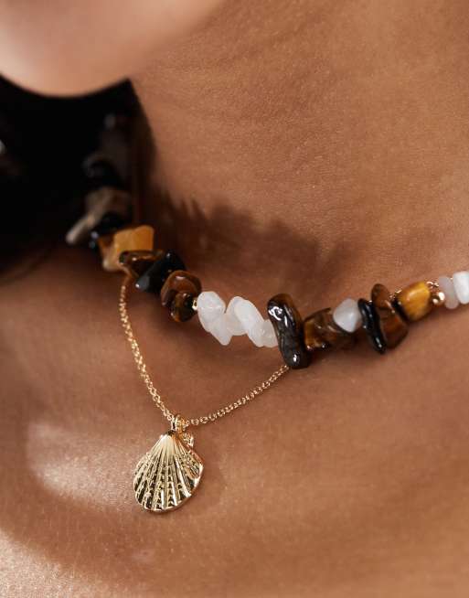 ASOS DESIGN pack of 2 necklaces with real semi precious stone and shell pendant in gold tone