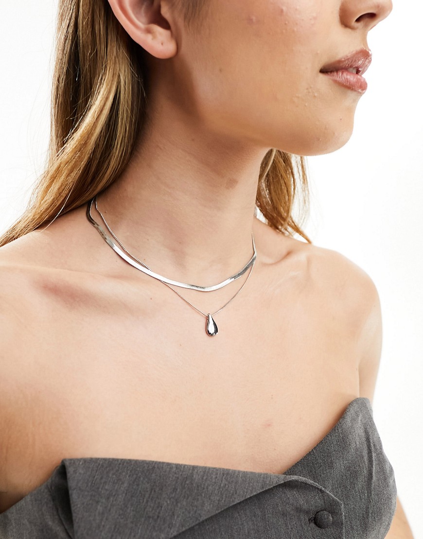 ASOS DESIGN pack of 2 necklaces with snake chain and molten pendant in silver tone