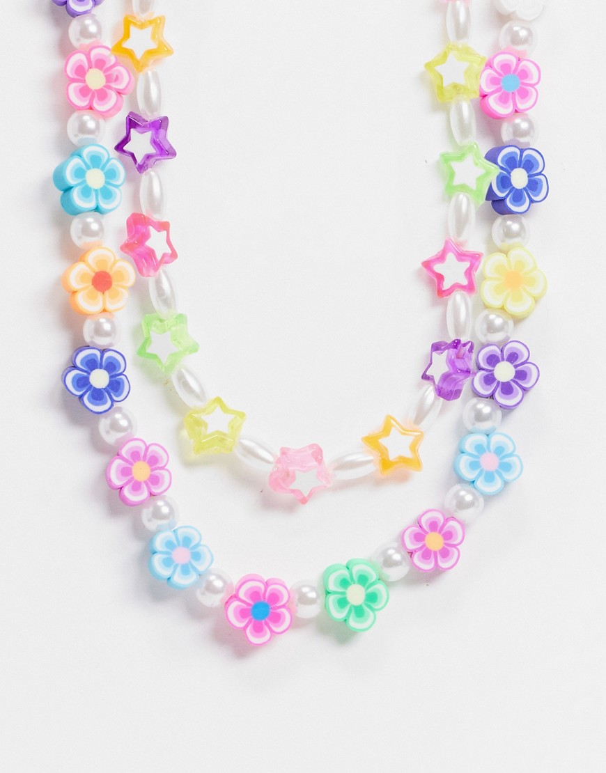 ASOS DESIGN pack of 2 necklaces with star flower and pearl bead-Multi