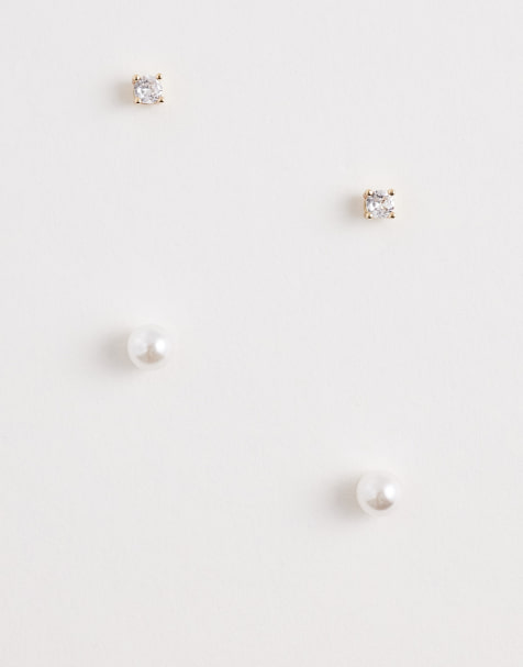 ASOS DESIGN pack of 2 pairs stud earrings in faux pearl and rhinestone design in gold tone - view 1
