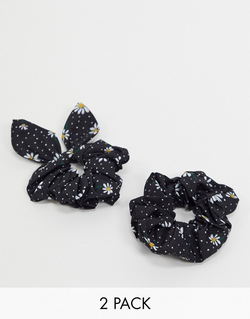 ASOS DESIGN pack of 2 printed daisy scrunchie and tie scrunchie
