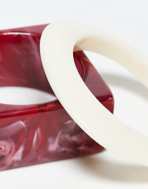 ASOS DESIGN pack of 2 resin bangles in mixed shapes in multi, 2 of 3