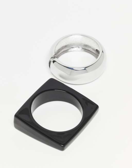 ASOS DESIGN pack of 2 resin bangles with squared off design in black and silver tone, 3 of 3