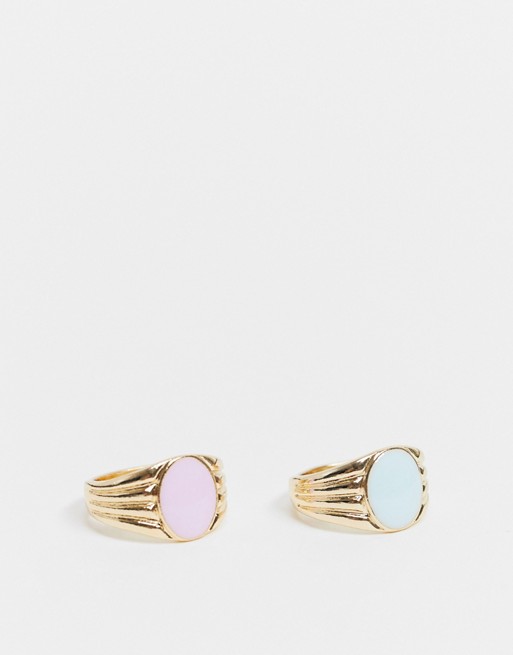 ASOS DESIGN pack of 2 ring with blue and pink enamel in gold tone