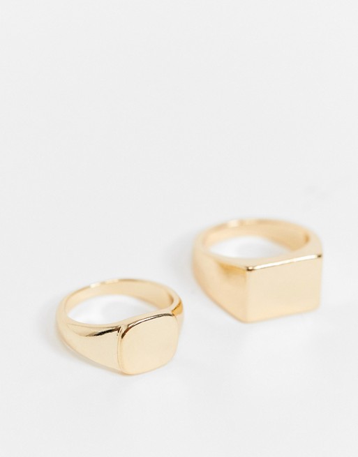 ASOS DESIGN pack of 2 rings in signet design in gold tone