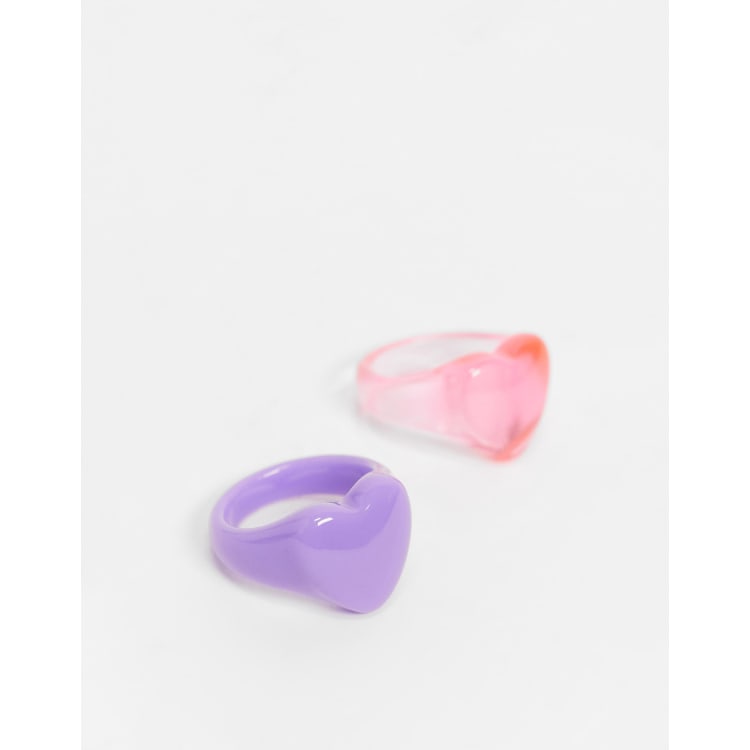 ASOS DESIGN pack of 2 rings in heart design in pink and purple plastic