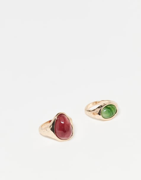 ASOS DESIGN pack of 2 rings with faux semi-precious stone set in gold tone - view 1