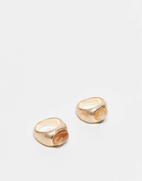 ASOS DESIGN pack of 2 rings with faux stone set detail in brushed gold tone - view 1